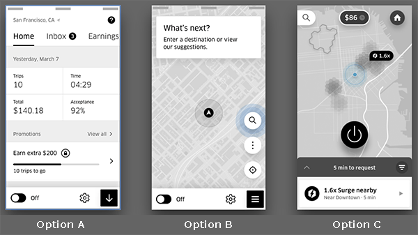 Three designs for Uber's driver app